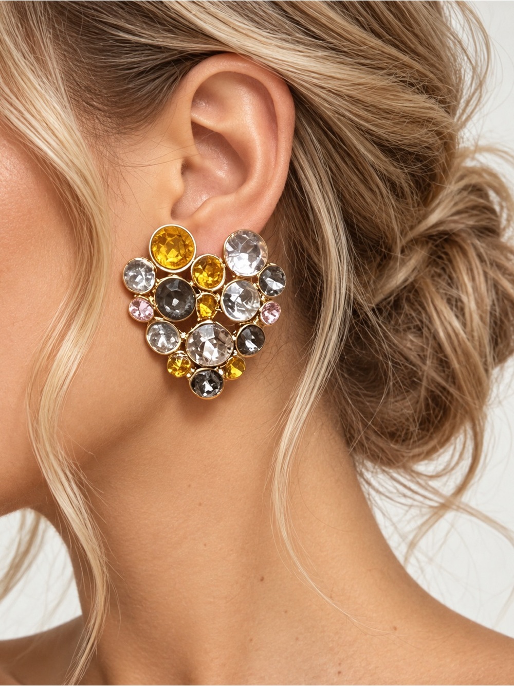 Heart Crystals Cluster Statement Earrings